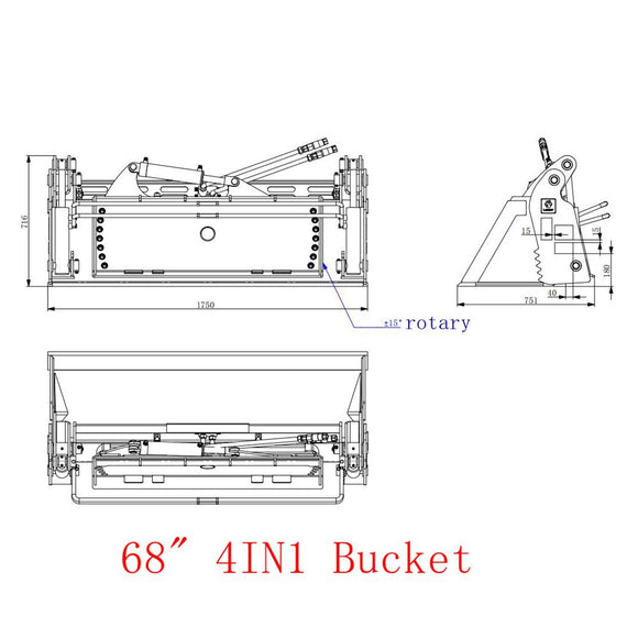 Landy Attachments Tilting Skid Steer Attachments 68" 4IN1 Combo Bucket with Cutting Edge Quick Attach, Universal Mount