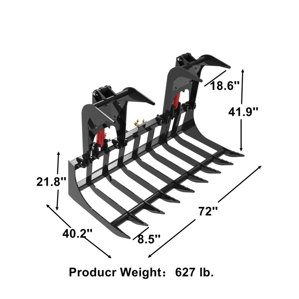 Landy Attachments 72'' Skid Steer Root Rake Grapple Bucket Attachments Front End Loader, Skid Steer Quick Attach Mount